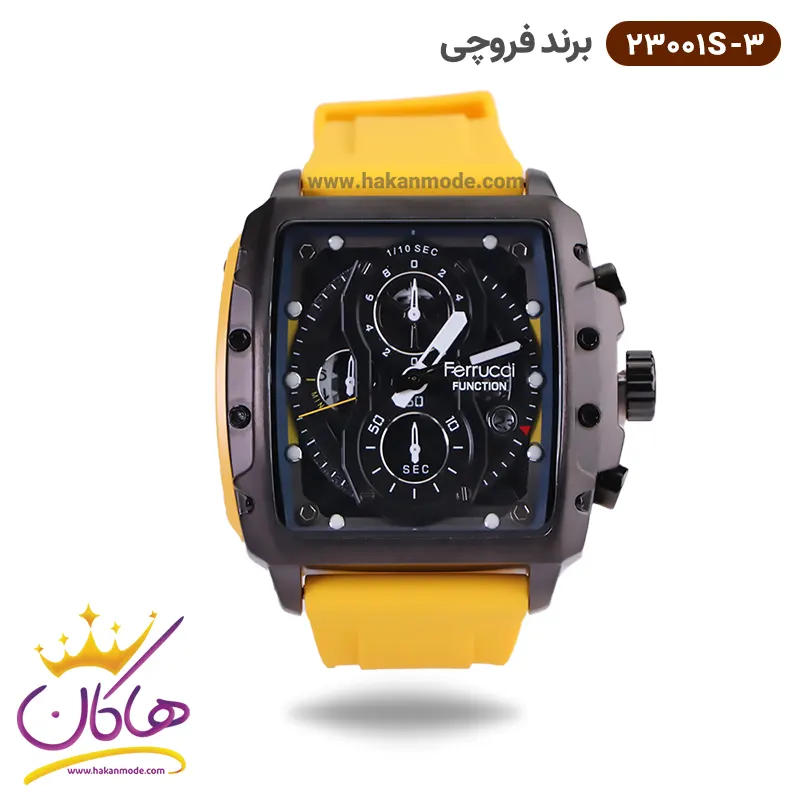 frucci-watch-code-23001S.2-1.webp ساعت فروچی مردانه بند رابر زرد کرنوگراف قاب مربع 23001s/3 - Image 1