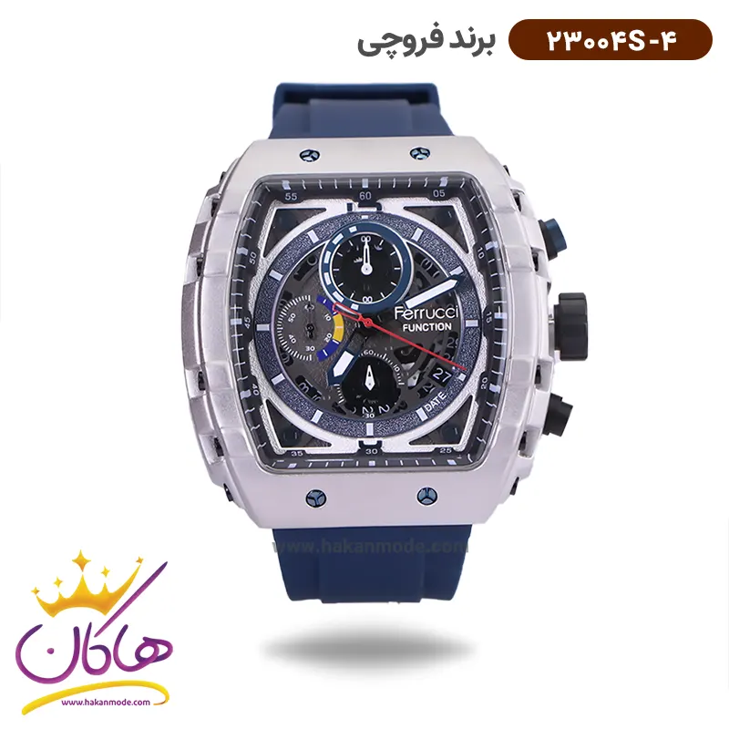 frucci-watch-code-23004S.4-1.webp ساعت فروچی مردانه بند رابر سورمه ای کرنوگراف قاب مربع 23004s/4 - Image 1