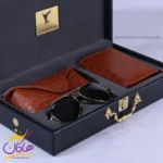 ست کیف چرم و عینک مردانه چرمسال عسلی 181/3