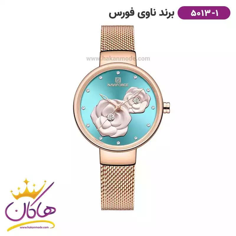 navi-force-watch-code-5013.11.webp ساعت زنانه نیوی فورس بند حصیری رزگلد صفحه آبی 5013/1 - Image 1