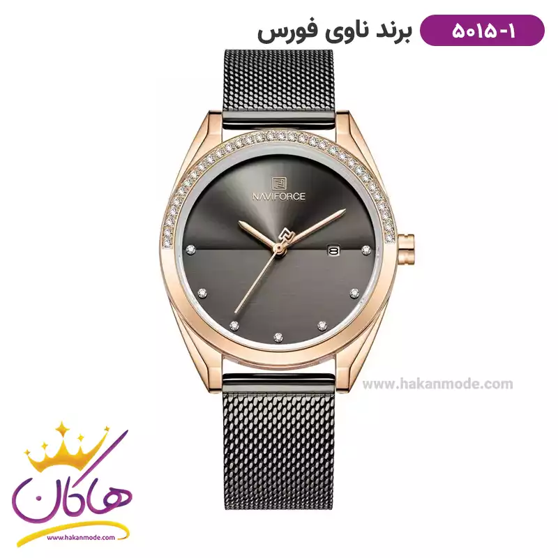 navi-force-watch-code-5015.11.webp ساعت مچی زنانه نیوی فورس مشکی قاب رزگلد بند حصیری 5015/1 - Image 1