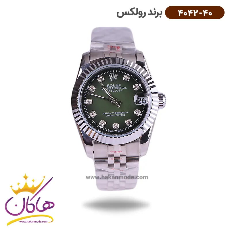 rolex-watch-code-4042.40-1.webp ساعت رولکس زنانه فلزی دیت جاست نقره ای صفحه سبز 4042/40 - Image 1