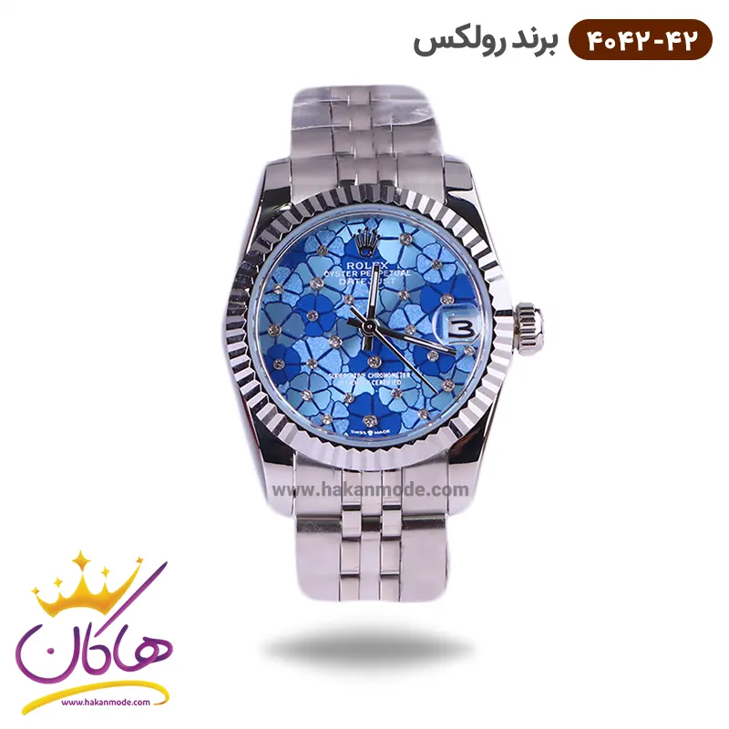 rolex-watch-code-4042.42-1.webp ساعت رولکس زنانه فلزی صفحه آبی گلدار 4042/42 - Image 1