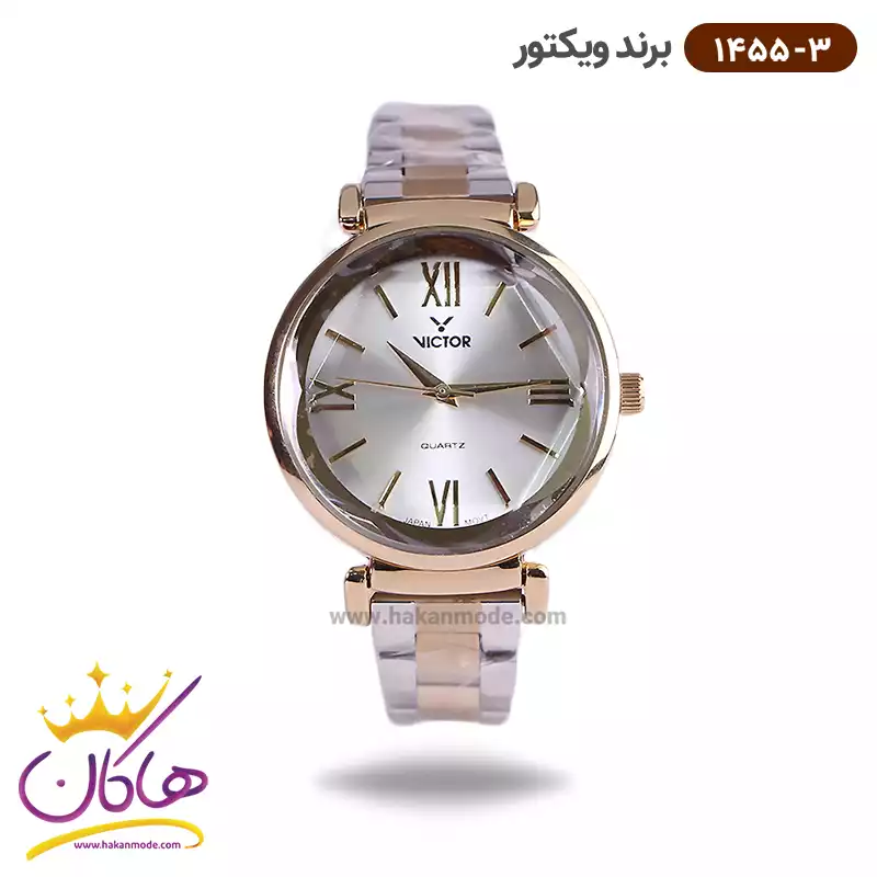 victor-watch-code-1455.31.webp ساعت ویکتور زنانه فلزی قاب طلایی صفحه سفید 1455/3 - Image 1