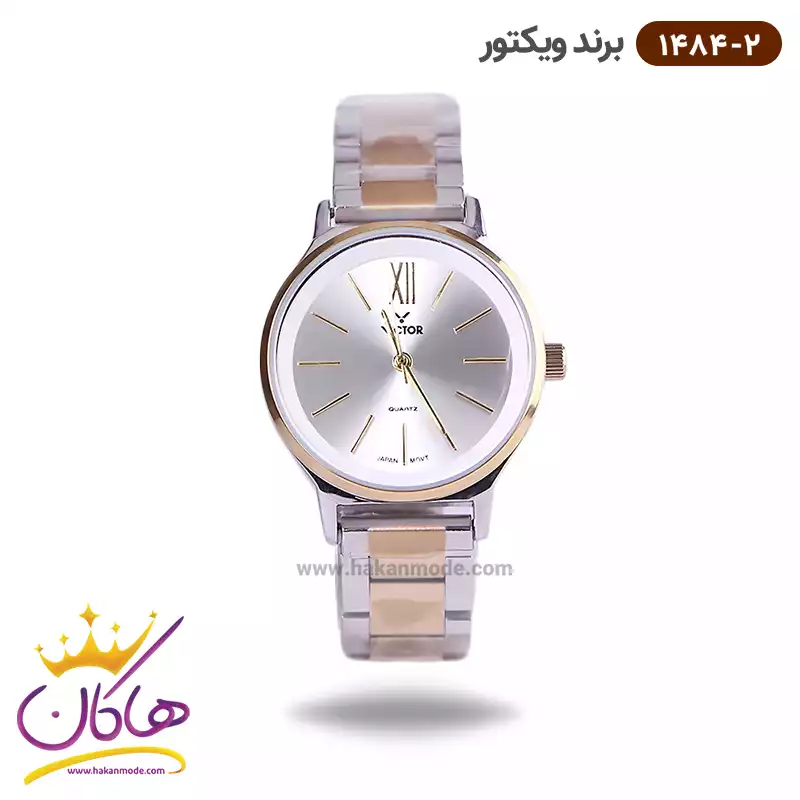 victor-watch-code-1484.21.webp ساعت ویکتور زنانه فلزی نقره ای طلایی صفحه گرد 1484/2 - Image 1