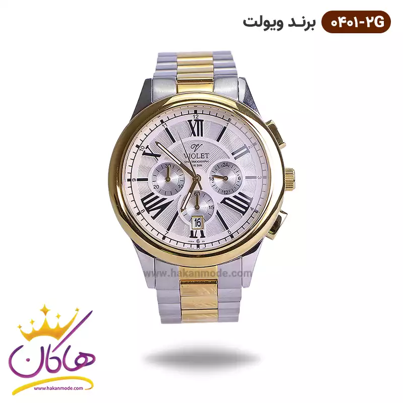 violet-watch-code-0401-2G1.webp ساعت مردانه ویولت بند فلزی نقره ای طلایی 0401/2 - Image 1