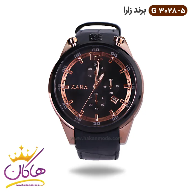 zara-watch-code-G-3028.5-1.webp ساعت زارا مردانه بند چرم مشکی رزگلد کرنوگراف G3028/5 - Image 1