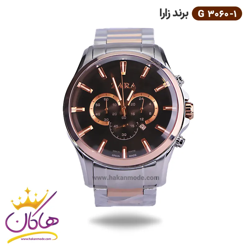 zara-watch-code-G-3060.1-1.webp ساعت زارا مردانه بند فلزی کرنوگراف نقره ای رزگلد G3060/1 - Image 1