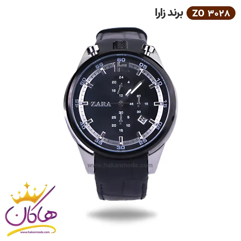 zara-watch-code-zo-3028-2-1.webp ساعت زارا مردانه بند چرم مشکی نقره ای کرنوگراف G3028/4 - Image 1