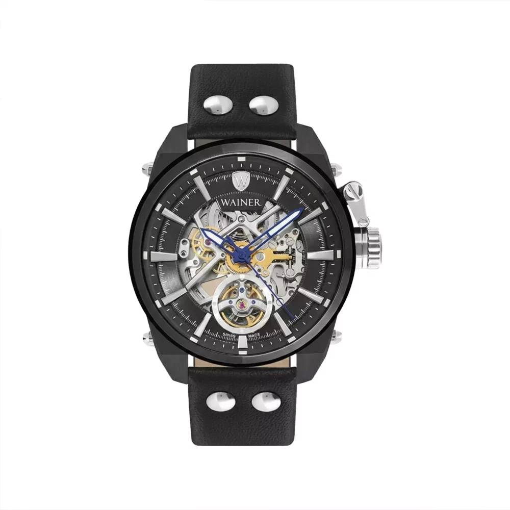 ساعت مچی واینر مردانه چرم مشکی صفحه اسکلتون اتوماتیک WA.25980