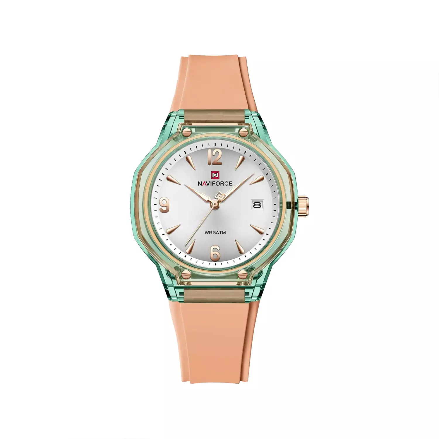 Naviforce-Watch-Code-6110.21.webp ساعت مچی زنانه نیوی فورس بند رابر گلبهی قاب سبز 6110/2 - تصویر 1