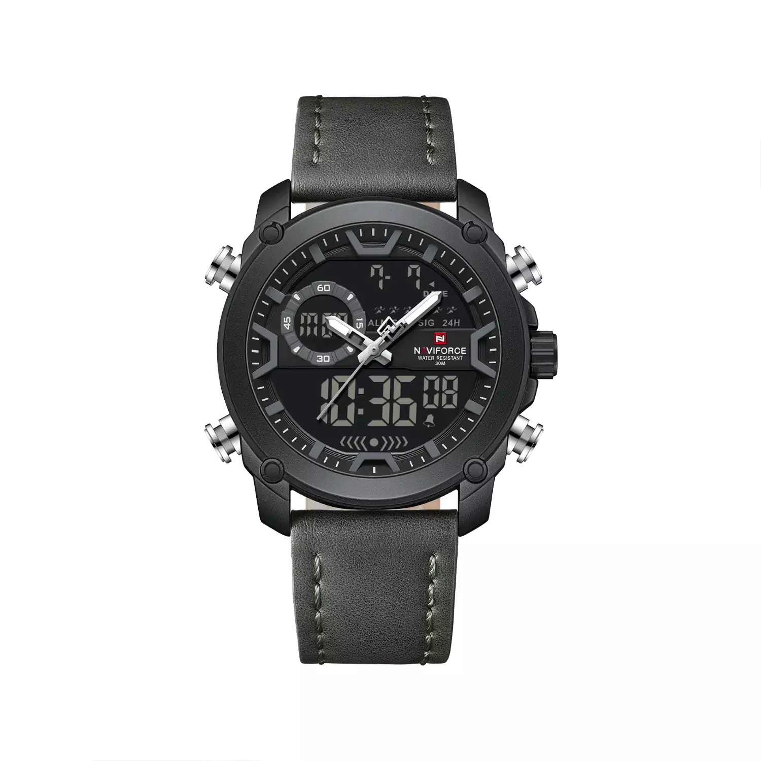 Naviforce-Watch-Code-9261.31.webp ساعت مچی دو زمانه مردانه نیوی فورس چرم دودی 9261/3 - تصویر 1