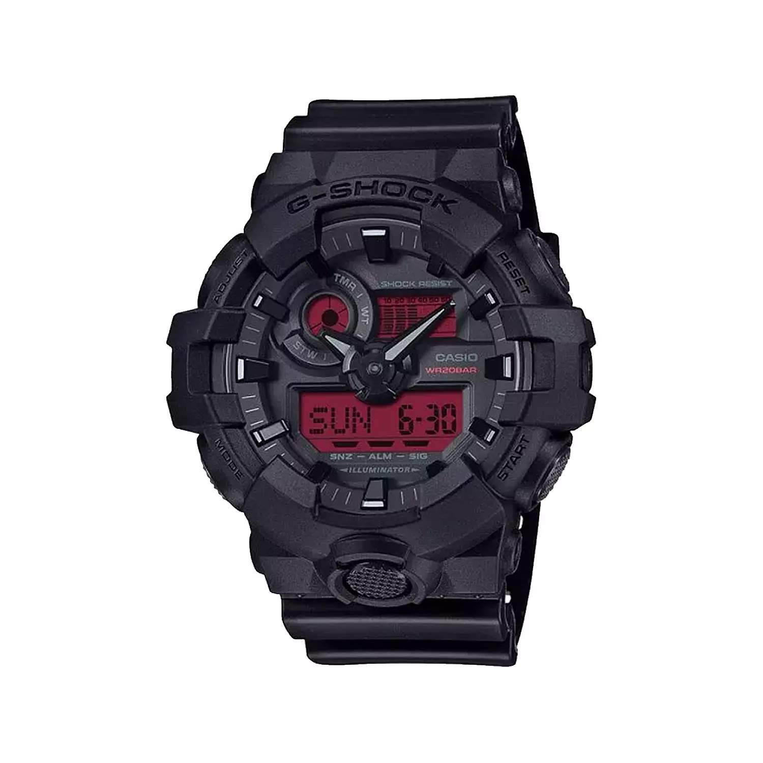 Casio-G-Shock-Watch-Code-GA-700BBR-1A1.webp ساعت کاسیو جی شاک مردانه بند رابر دو زمانه مشکی GA-700BBR-1A - تصویر 1