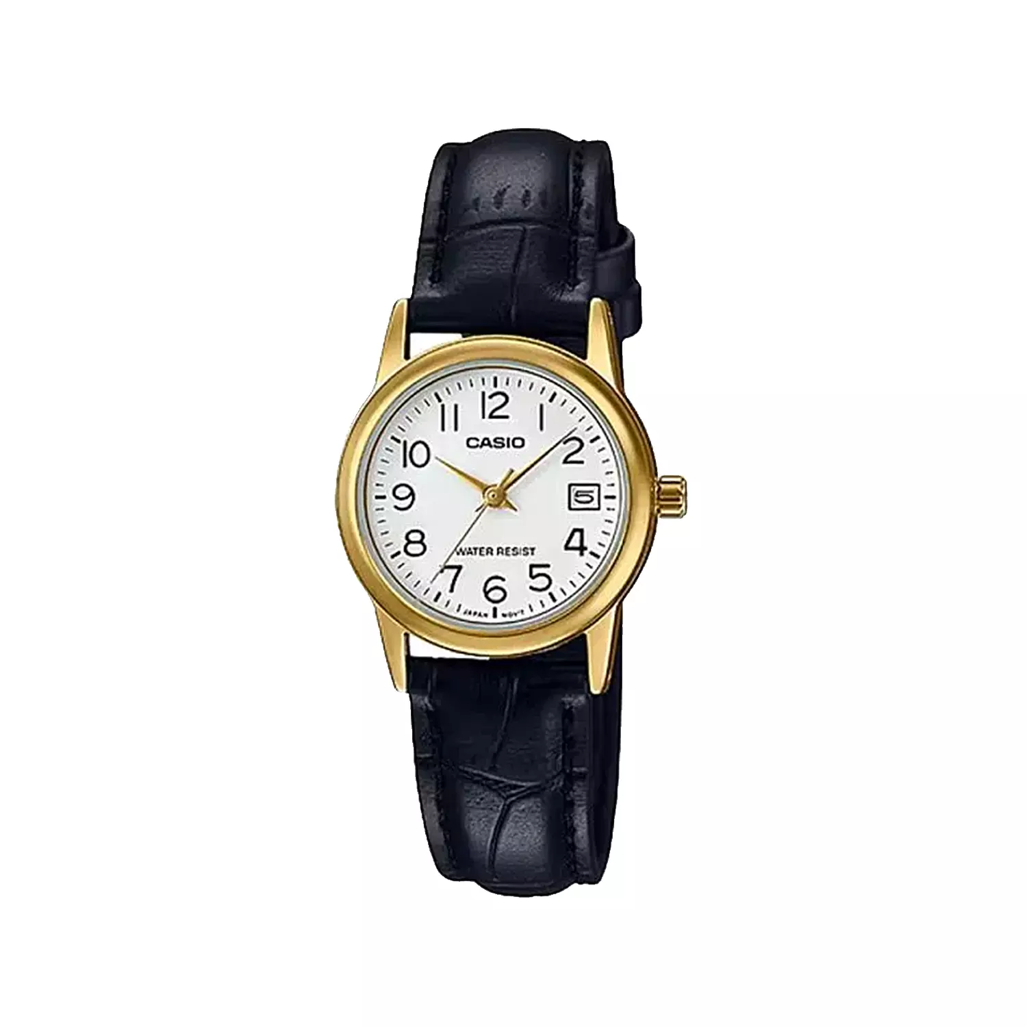 Casio-Watch-Code-LTP-V002GL-7B21.webp ساعت مچی زنانه کاسیو بند چرم مشکی قاب طلایی LTP-V002GL-7B2 - تصویر 1